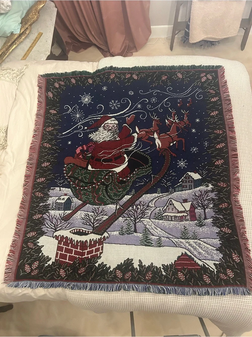 Tapestry Santa Sleigh Holiday Throw Blanket - Navy and Red